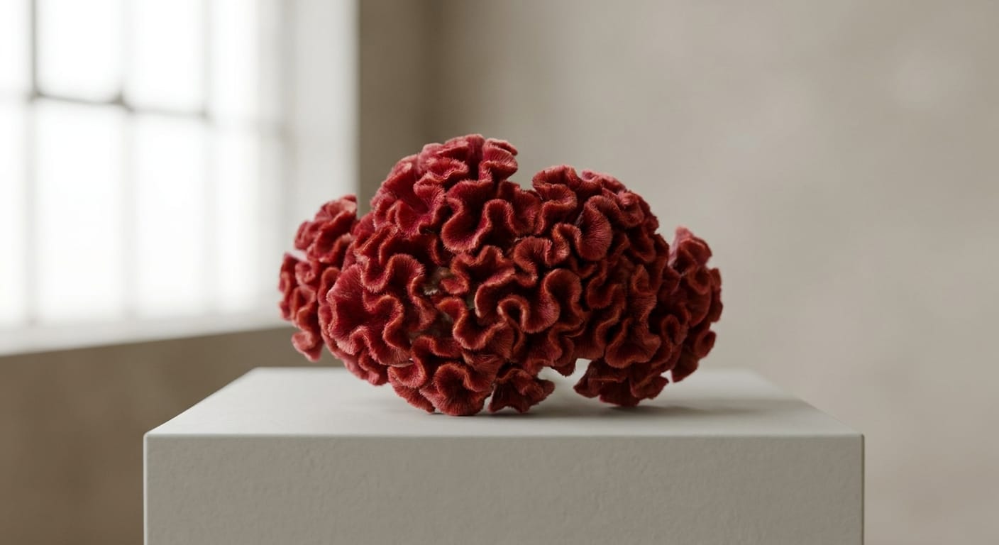 Velvety, brain-shaped red celosia, studio lighting, unique texture, bold and artistic