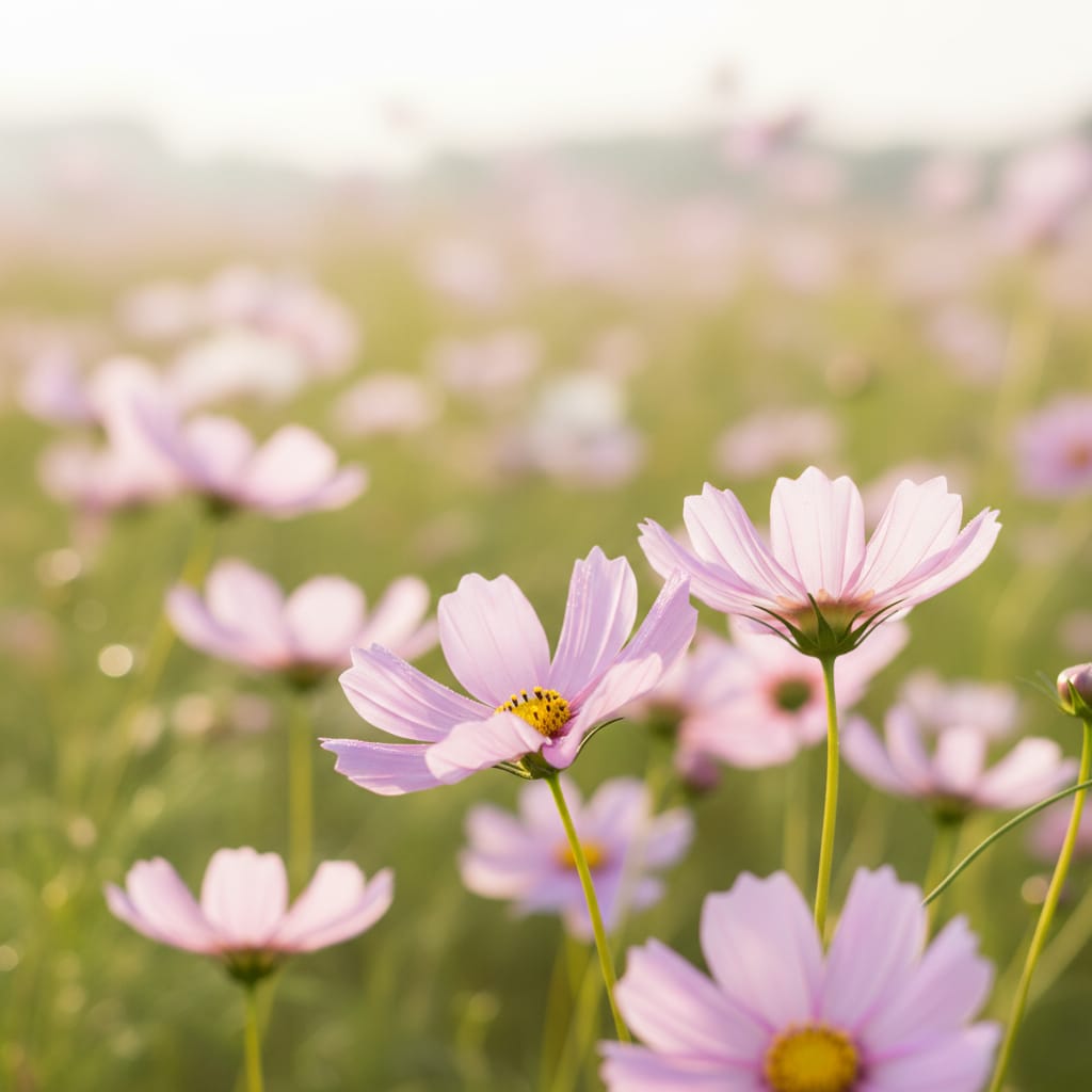 Delicate pink and white cosmos flowers, sunny meadow, soft focus, light and airy
