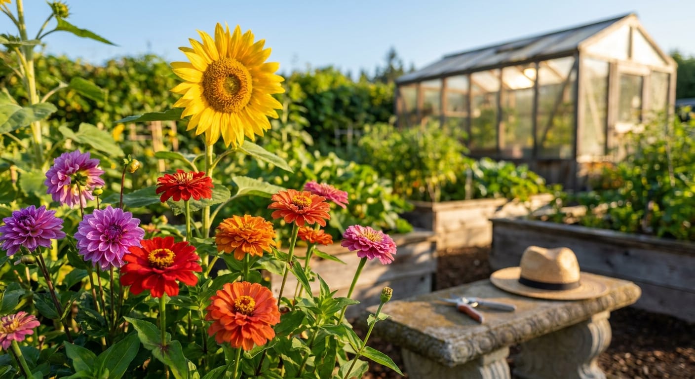 A vibrant, sun-drenched backyard garden overflowing with colorful zinnias, dahlias, and sunflowers, shot with a professional DSLR, shallow depth of field, bright natural morning light, high resolution, editorial style