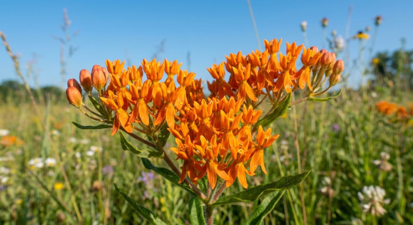 Bright orange butterfly weed flowers in a natural field setting, clear blue sky background, shallow depth of field, sharp focus on petals, high-quality botanical photography