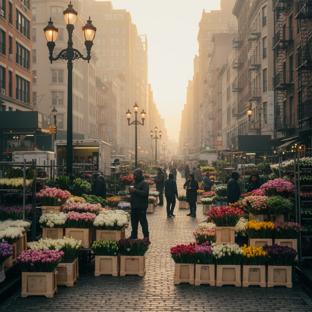 Early morning at the New York Flower Market in Chelsea with crates of fresh flowers