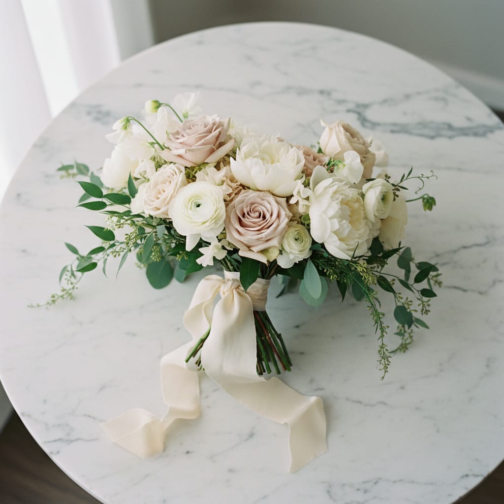 Premium luxury New York wedding bouquet of garden roses, ranunculus, and trailing greens