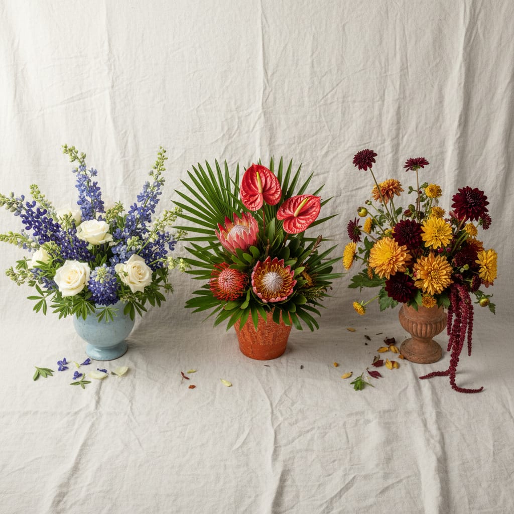 Side-by-side Texas seasonal bouquets representing spring, summer, and fall