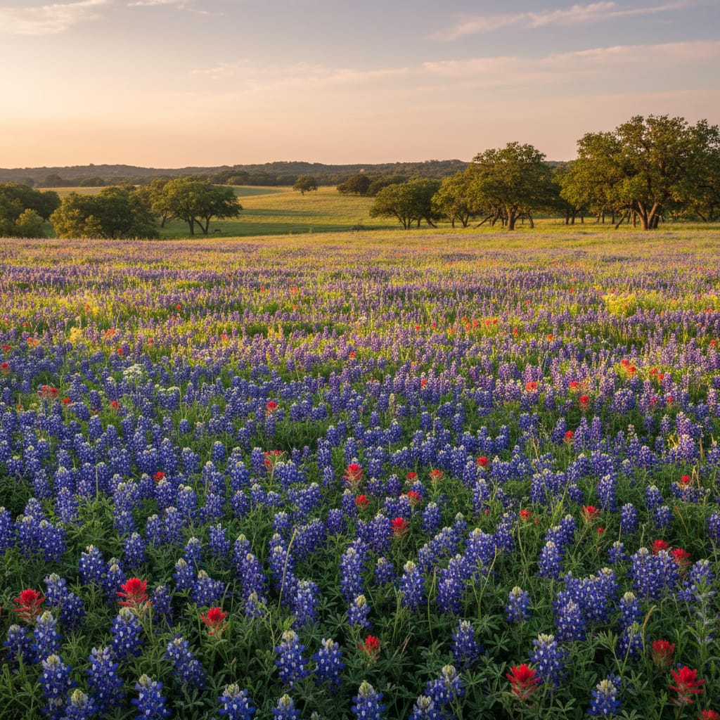 Texas wildflower field with bluebonnets and Indian paintbrush in spring sunlight