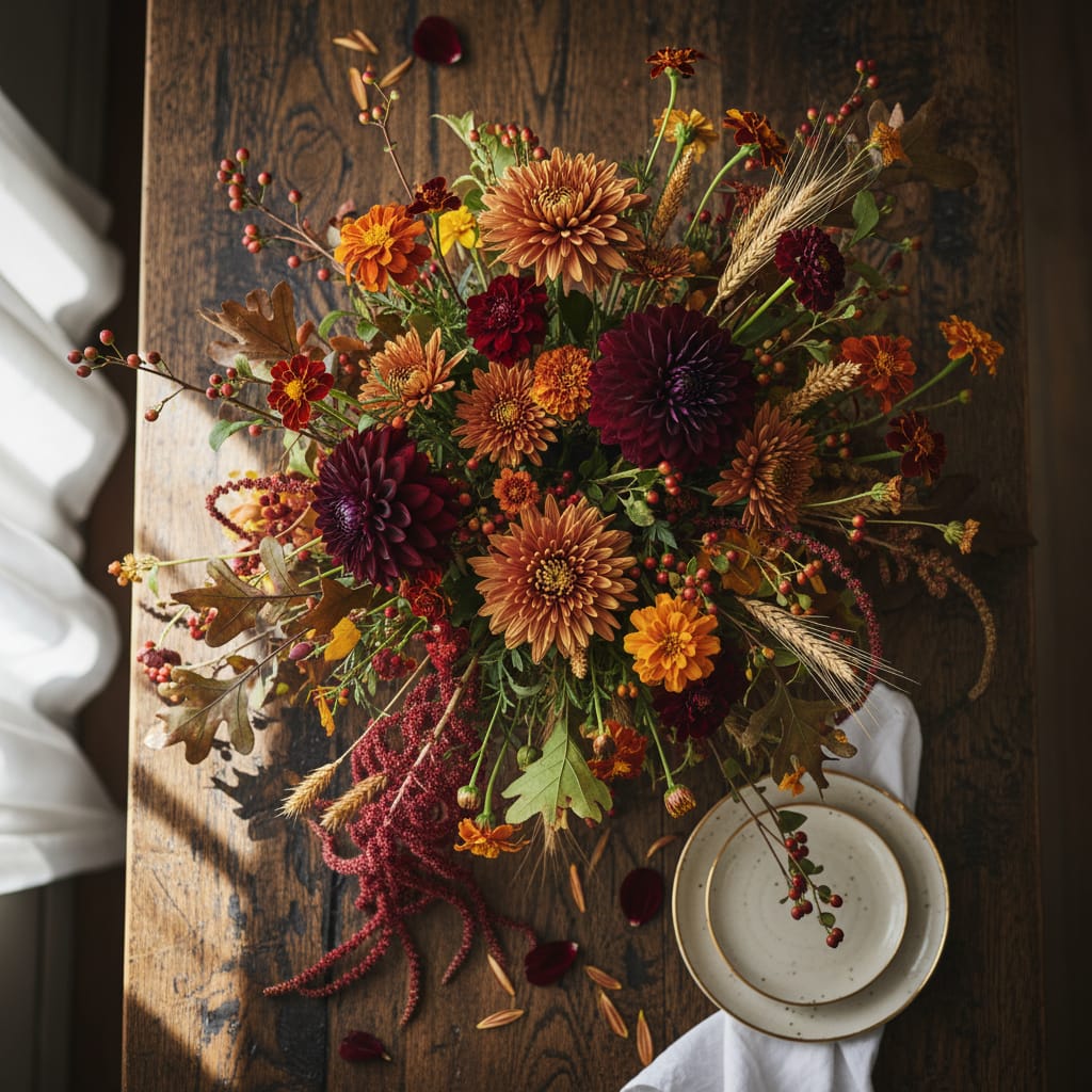 Texas autumn bouquet with deep burgundy dahlias chrysanthemums and amaranthus on rustic wood