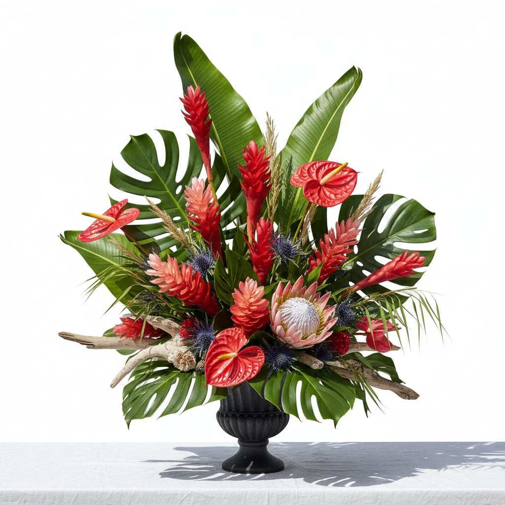 Houston summer tropical arrangement with anthurium ginger flower and protea