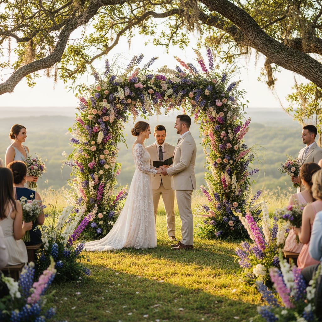 Outdoor Texas wedding ceremony with floral arch made of seasonal bluebonnets larkspur and grasses