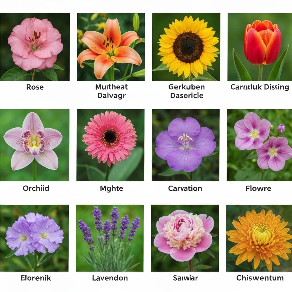 Flower identification guide showing key botanical features including petal arrangement leaf form and stem characteristics