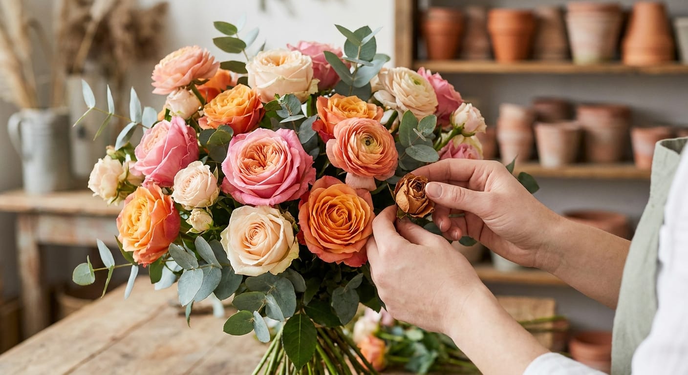 A florist pulling a single withered rosebud from a large, healthy bouquet, focus on the contrast between fresh and dead, clean hands