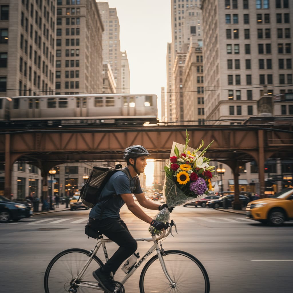Chicago flower delivery messenger walking past Loop skyscrapers carrying a fresh bouquet