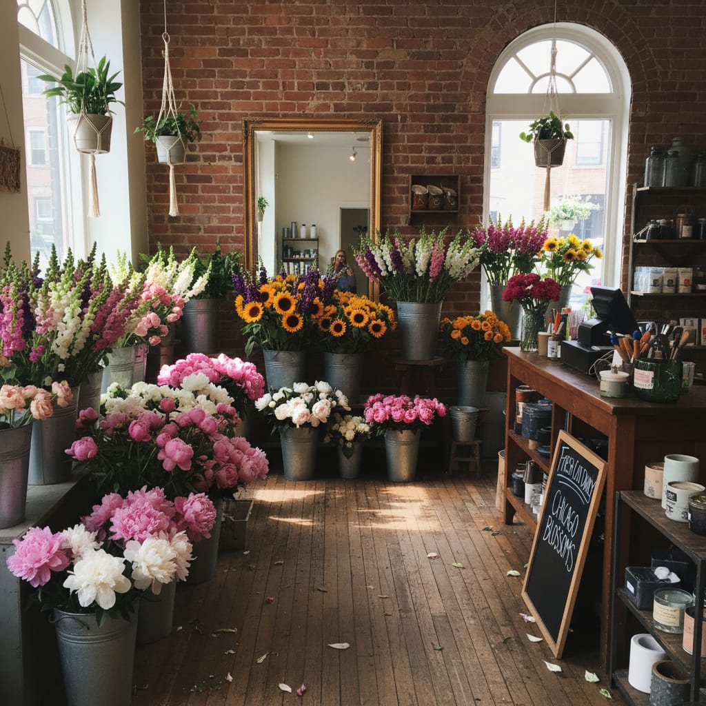 Cozy Chicago neighborhood flower shop interior with hardwood floors and seasonal blooms