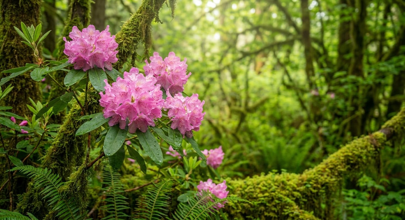 Large clusters of pink rhododendron blooms in a lush Pacific Northwest forest, soft filtered light, mossy green background, professional botanical photography