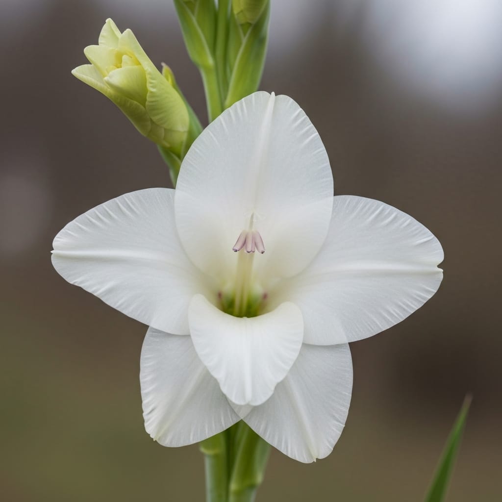 Tall, majestic stalks of white gladioli with multiple blooms, standing in a large floor vase, dramatic shadows, soft cinematic lighting, elegant memorial display