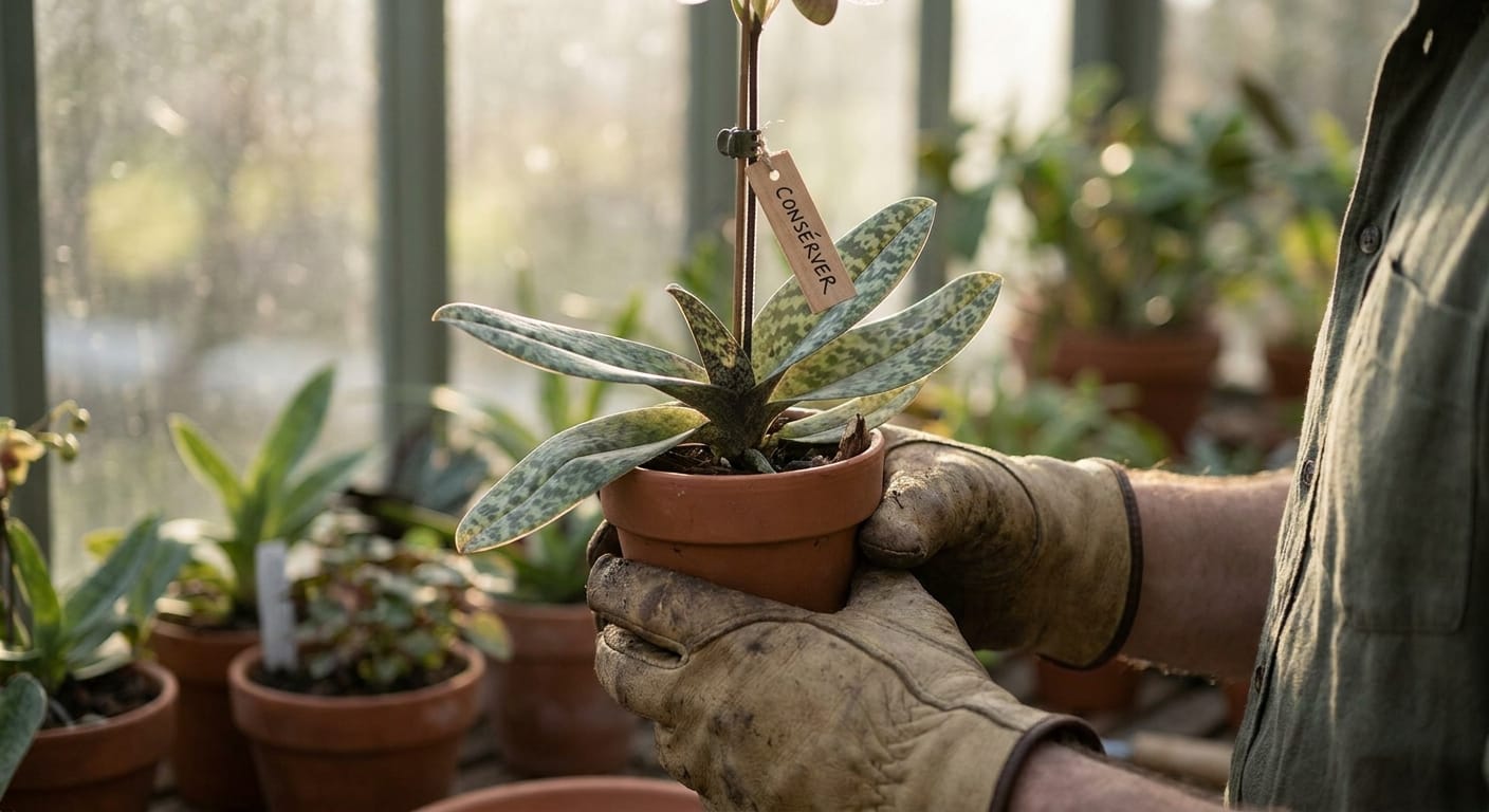 A close-up of a gardener's hands gently tending to a rare plant in a pot, soft focus, morning light, emphasizing care and conservation