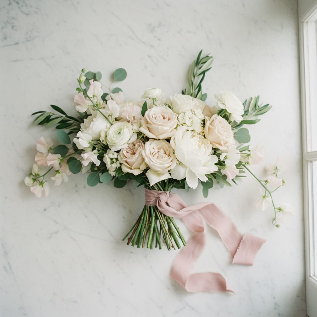 Hand-tied LA bridal bouquet with garden roses, ranunculus, and trailing California sweet pea