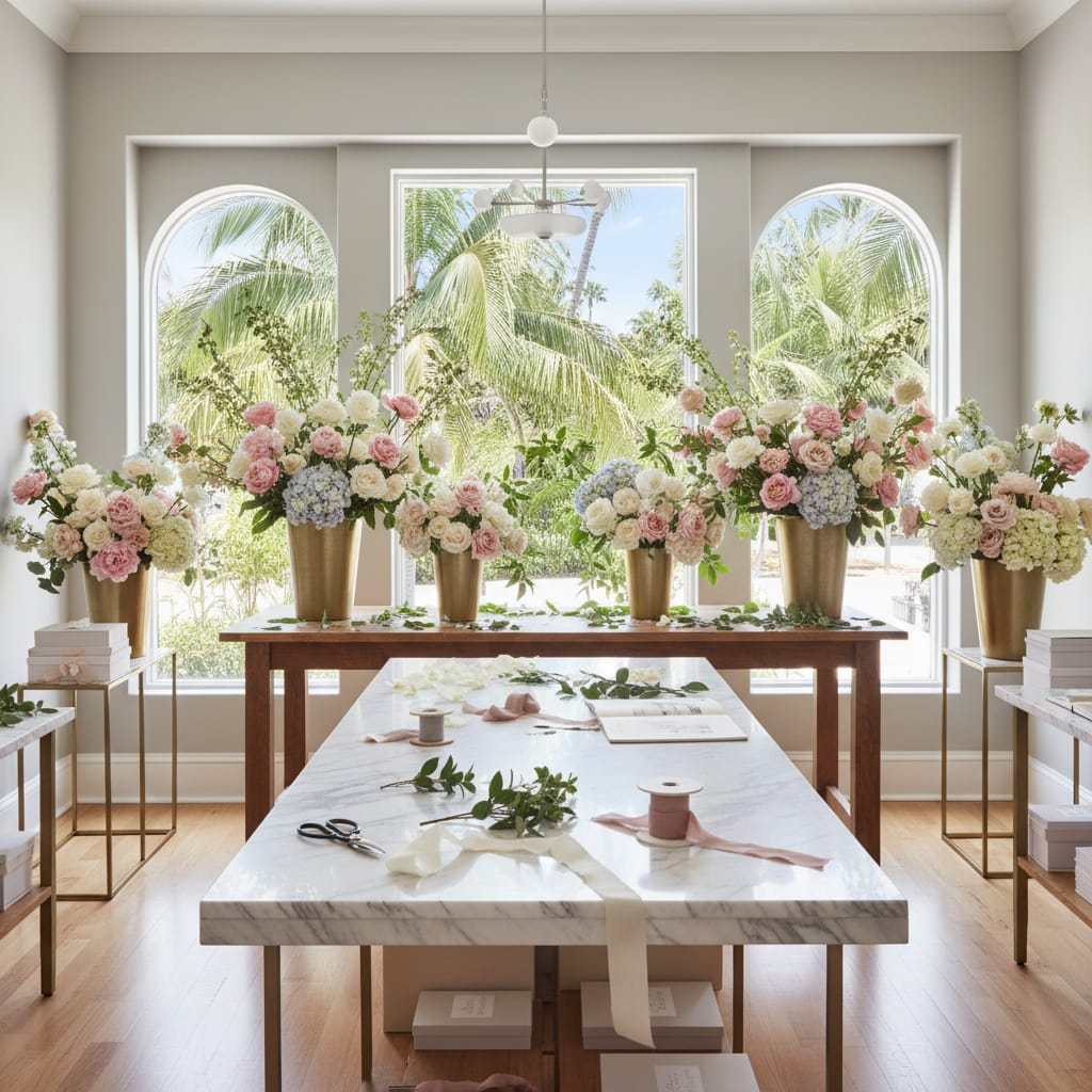 LA luxury wedding florist studio interior with marble counters and buckets of imported peonies